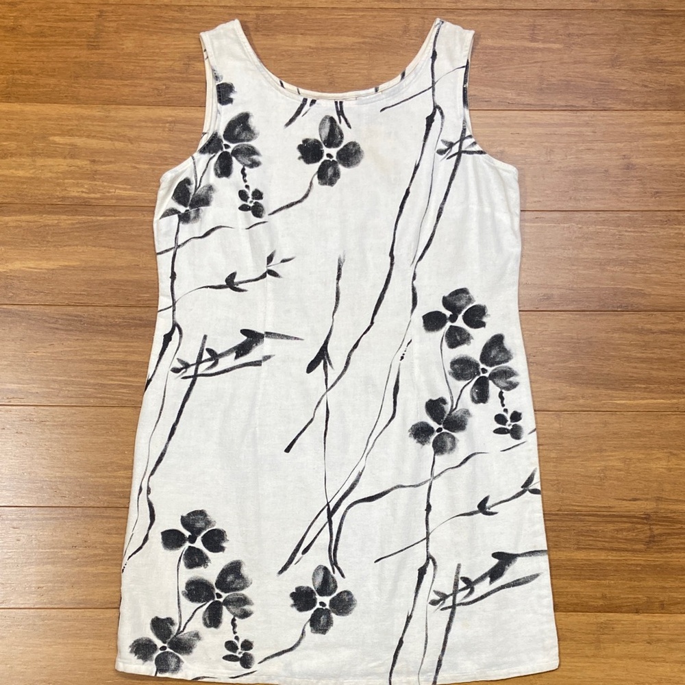 Vintage Katie Lee Floral Sleeveless Cotton Linen Dress Black and Cream size M